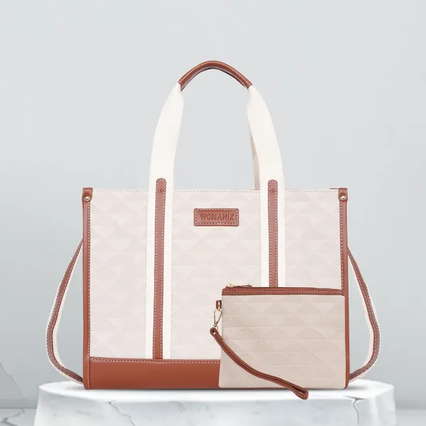 Beige_And_Tan_Pu_Premium_Laptop_Tote_Bag_For_Women