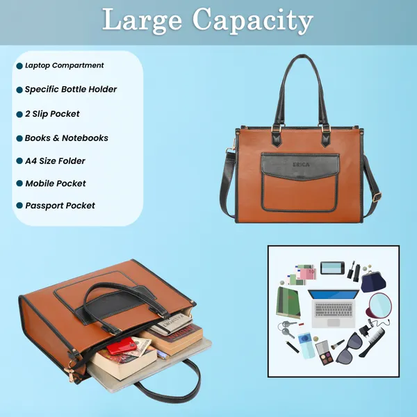 Tan_And_Black_Pu_Premium_Laptop_Tote_Bag_For_Women