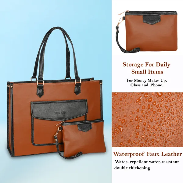 Tan_And_Black_Pu_Premium_Laptop_Tote_Bag_For_Women