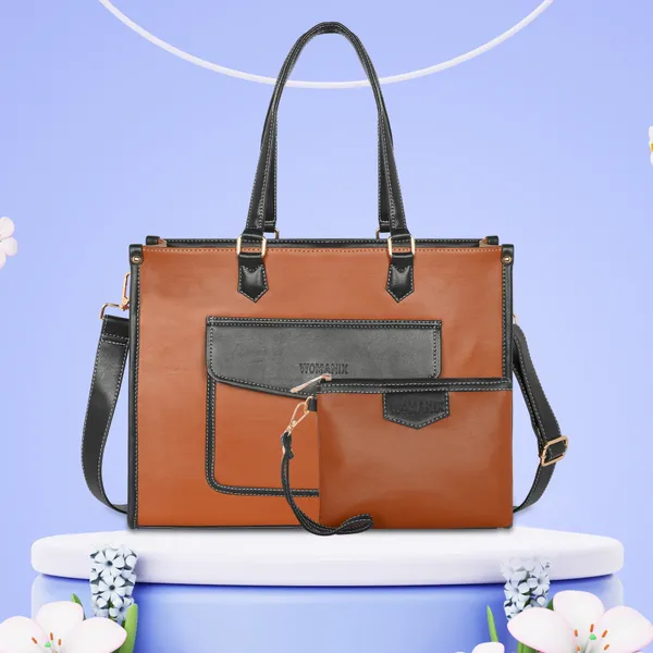 Tan_And_Black_Pu_Premium_Laptop_Tote_Bag_For_Women