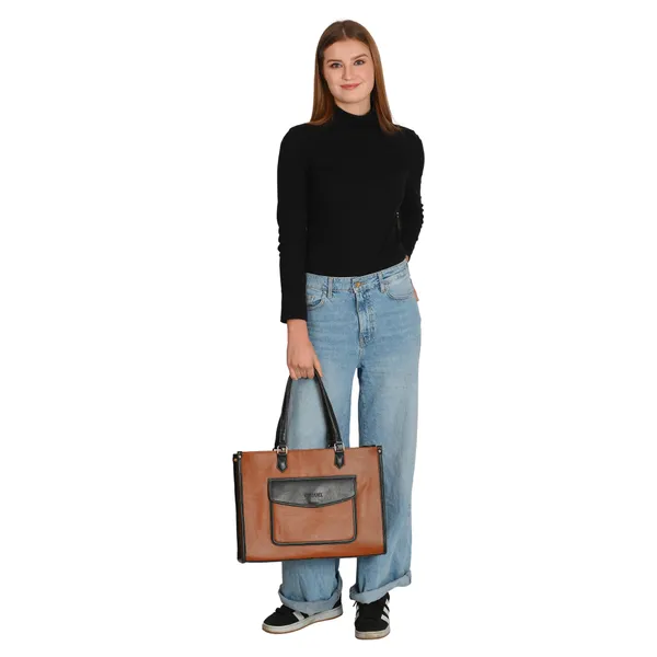 Tan_And_Black_Pu_Premium_Laptop_Tote_Bag_For_Women