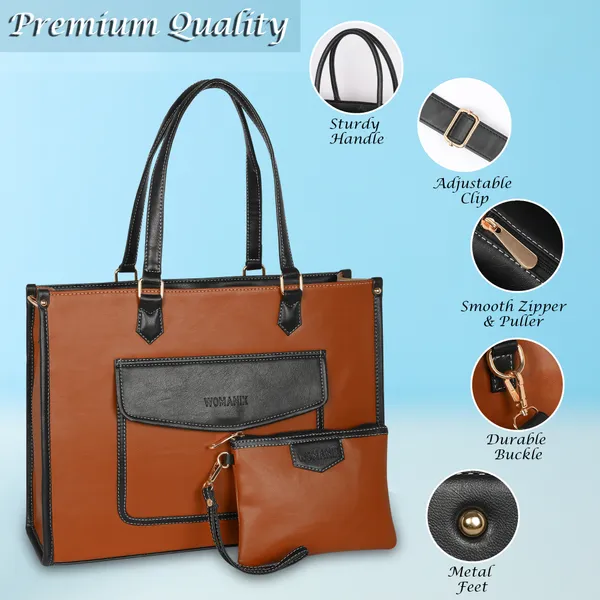 Tan_And_Black_Pu_Premium_Laptop_Tote_Bag_For_Women