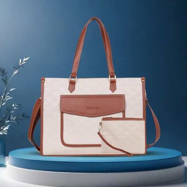 Beige_And_Tan_Pu_Premium_Laptop_Tote_Bag_For_Women