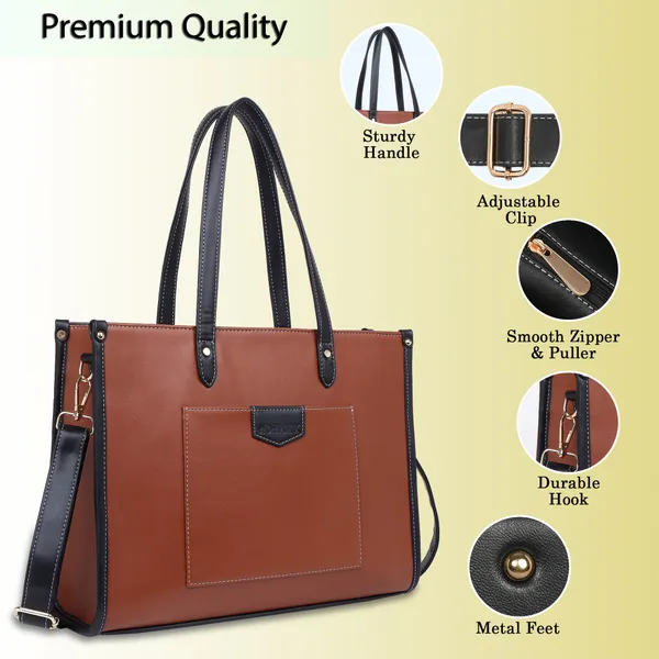 Tan_And_Black_Pu_Premium_Laptop_Tote_Bag_For_Women
