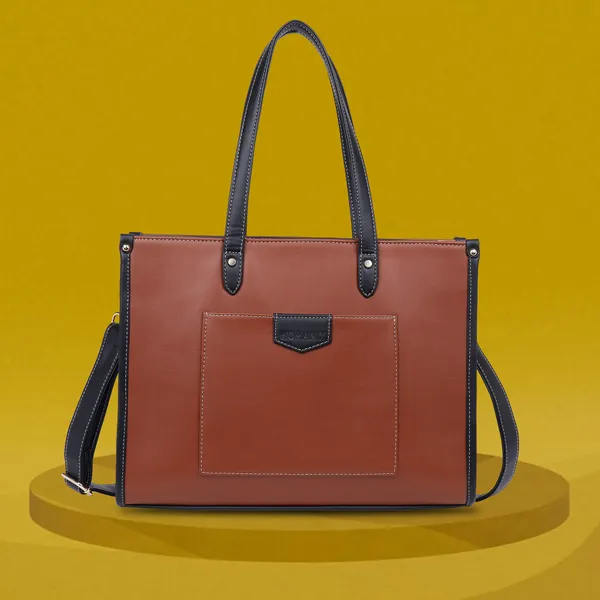 Tan_And_Black_Pu_Premium_Laptop_Tote_Bag_For_Women
