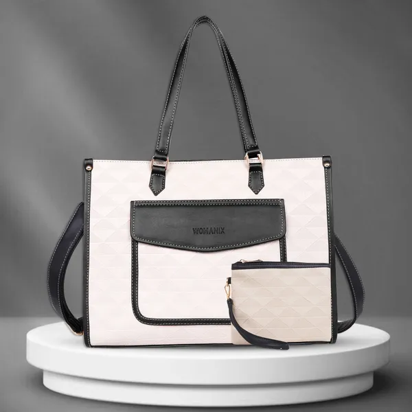 Beige_And_Black_Pu_Premium_Laptop_Tote_Bag_For_Women