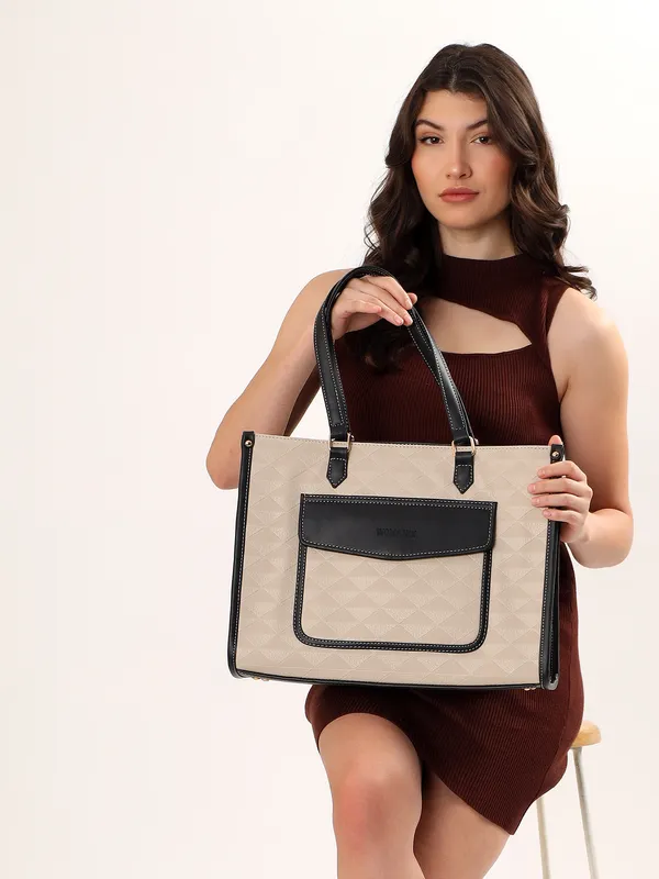 Beige_And_Black_Pu_Premium_Laptop_Tote_Bag_For_Women