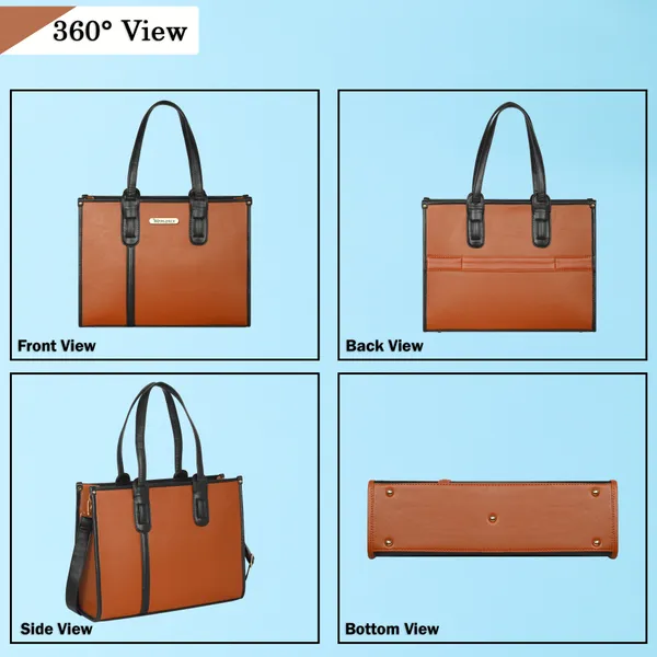 Tan_And_Black_Pu_Premium_Laptop_Tote_Bag_For_Women