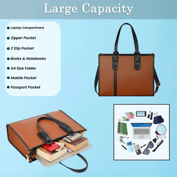 Tan_And_Black_Pu_Premium_Laptop_Tote_Bag_For_Women