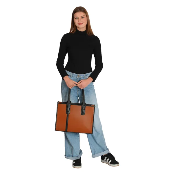Tan_And_Black_Pu_Premium_Laptop_Tote_Bag_For_Women