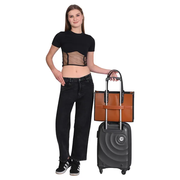 Tan_And_Black_Pu_Premium_Laptop_Tote_Bag_For_Women