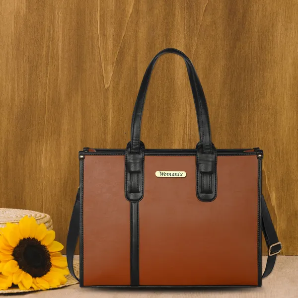 Tan_And_Black_Pu_Premium_Laptop_Tote_Bag_For_Women