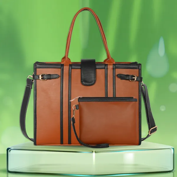 Tan_And_Black_Pu_Premium_Laptop_Tote_Bag_For_Women