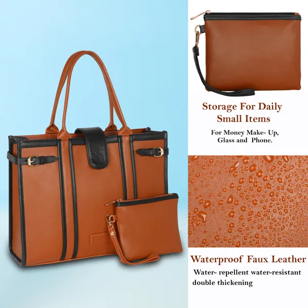 Tan_And_Black_Pu_Premium_Laptop_Tote_Bag_For_Women
