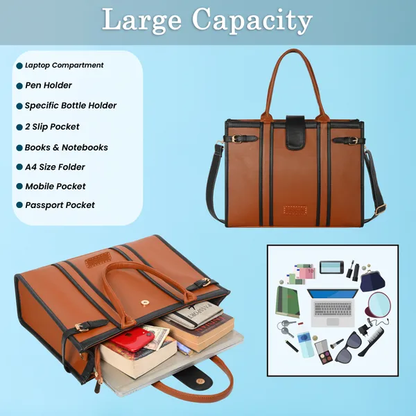 Tan_And_Black_Pu_Premium_Laptop_Tote_Bag_For_Women