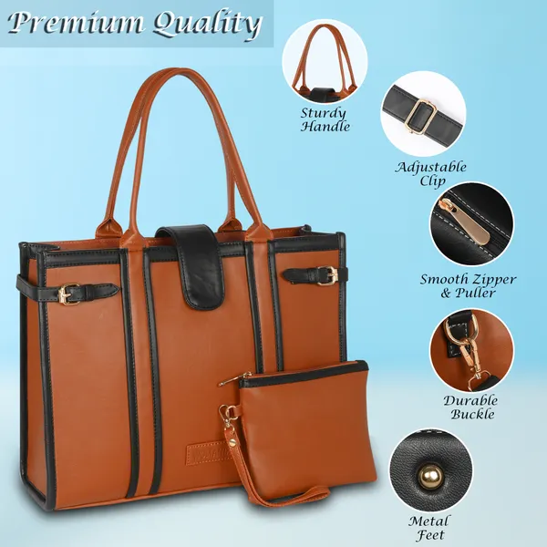 Tan_And_Black_Pu_Premium_Laptop_Tote_Bag_For_Women