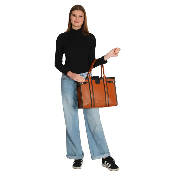 Tan_And_Black_Pu_Premium_Laptop_Tote_Bag_For_Women