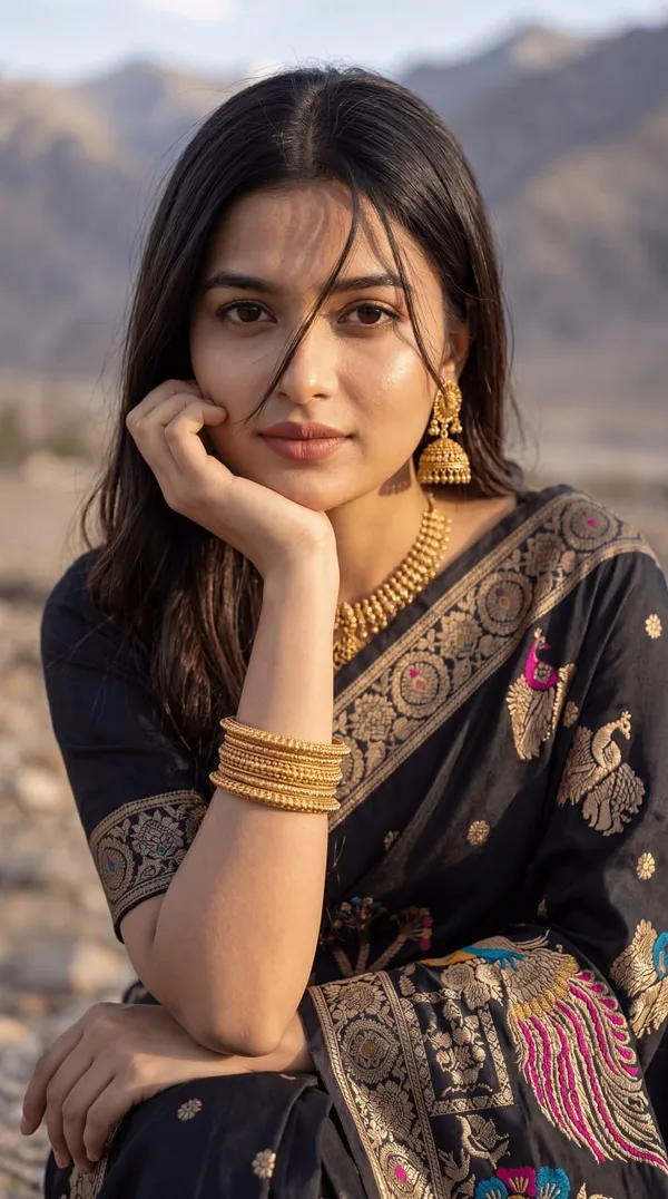 Black_Banarasi_Art_Silk_Woven_Peacock_And_Floral_Designer_Saree_With_Unstitched_Blouse