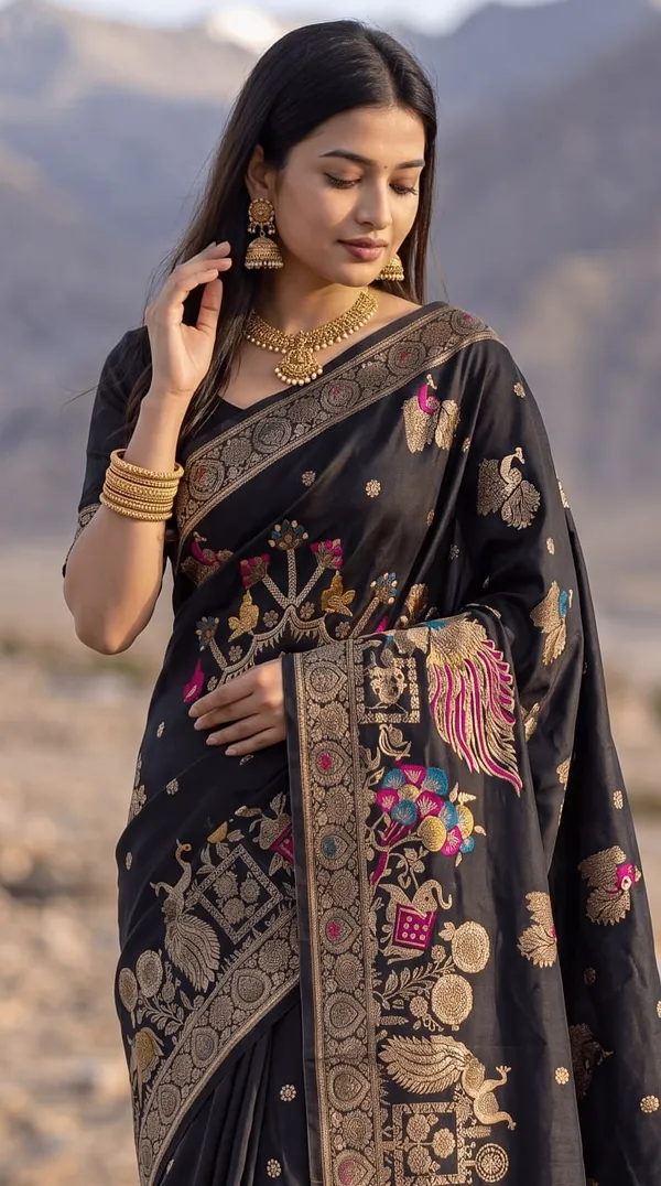 Black_Banarasi_Art_Silk_Woven_Peacock_And_Floral_Designer_Saree_With_Unstitched_Blouse