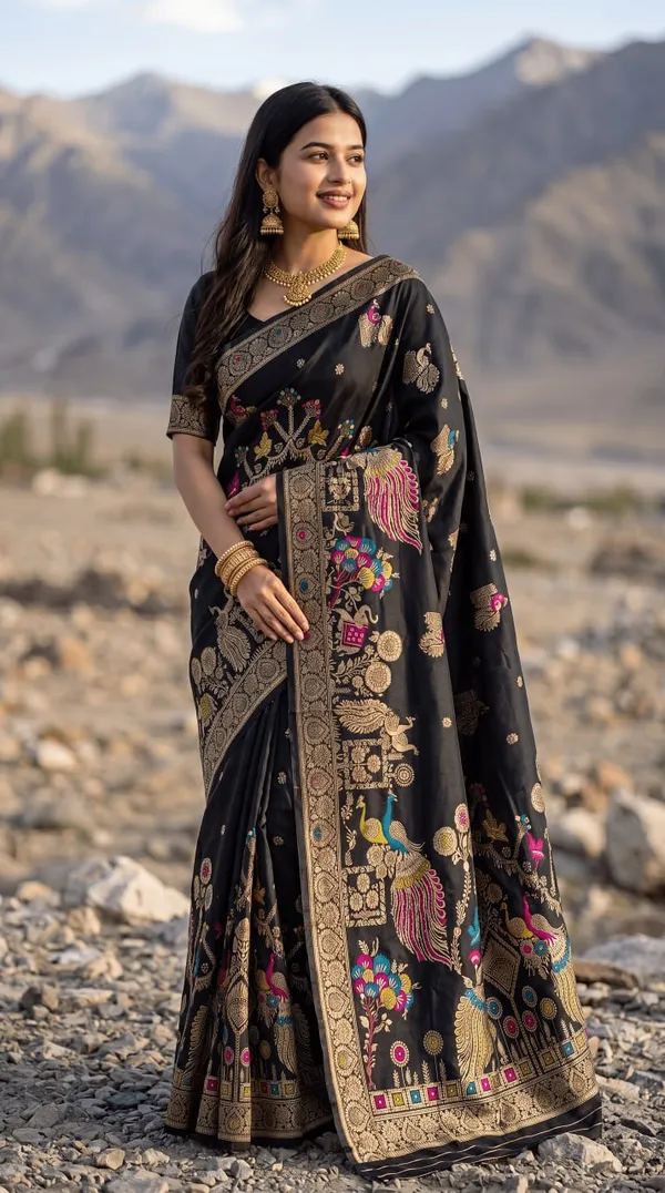 Black_Banarasi_Art_Silk_Woven_Peacock_And_Floral_Designer_Saree_With_Unstitched_Blouse