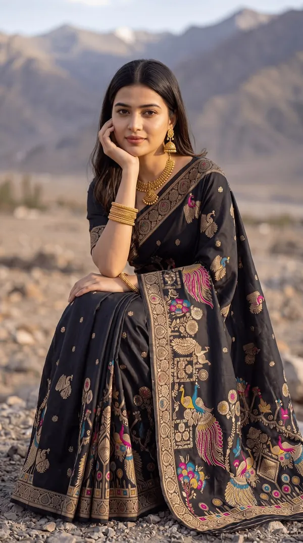 Black_Banarasi_Art_Silk_Woven_Peacock_And_Floral_Designer_Saree_With_Unstitched_Blouse