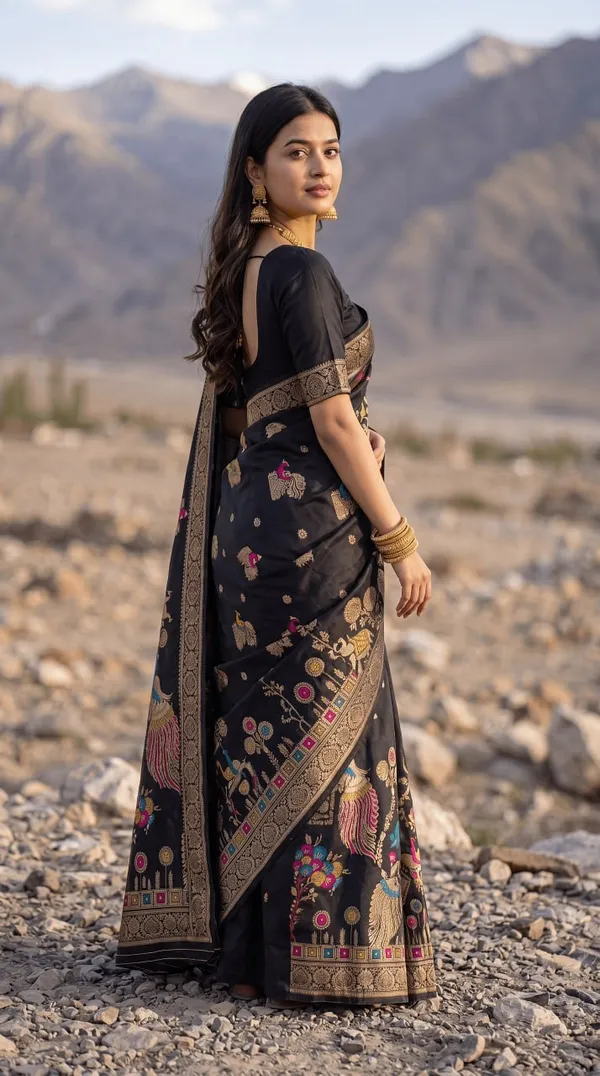 Black_Banarasi_Art_Silk_Woven_Peacock_And_Floral_Designer_Saree_With_Unstitched_Blouse