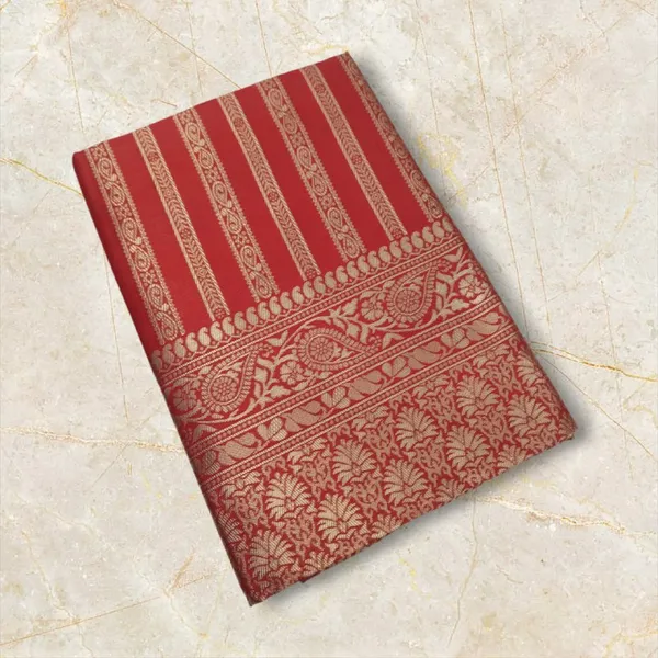 Crimson_Red_Banarasi_Striped_Saree_with_Golden_Zari_Border
