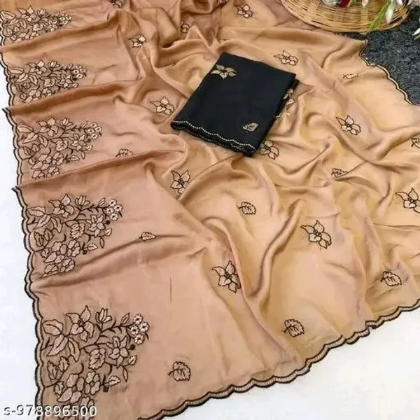 Elegant_Beige_Floral_Embroidered_Soft_Silk_Saree_With_Black_Blouse