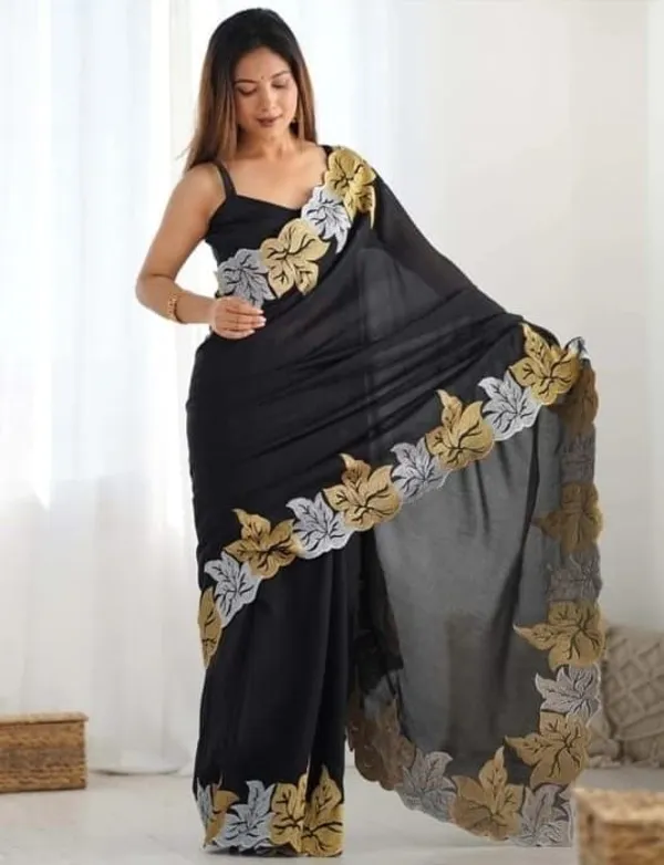 Elegant_Black_Floral_Border_Organza_Saree_With_Matching_Blouse