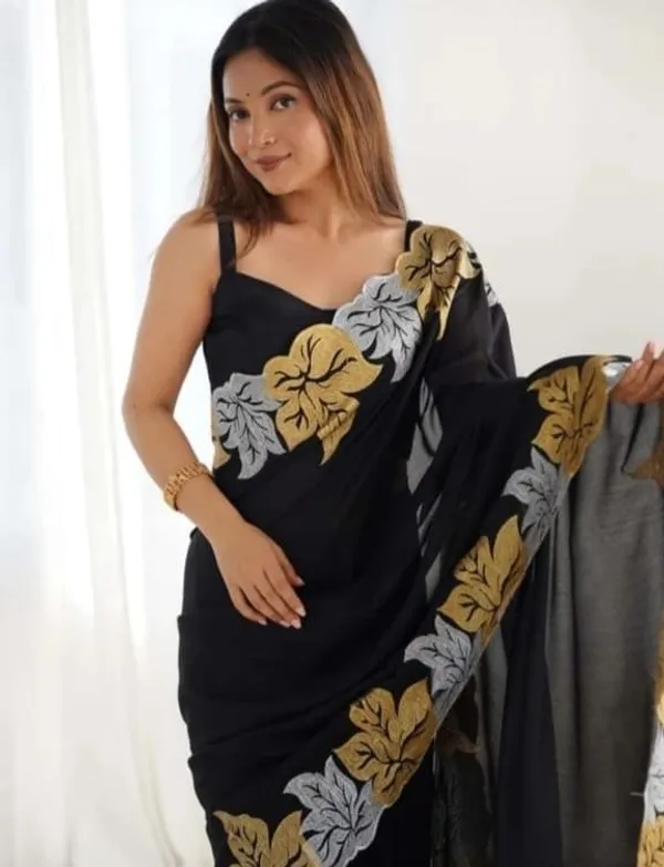 Elegant_Black_Floral_Border_Organza_Saree_With_Matching_Blouse