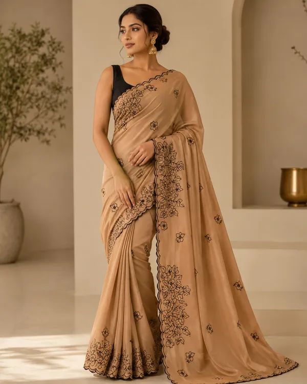 Elegant_Beige_Floral_Embroidered_Soft_Silk_Saree_With_Black_Blouse