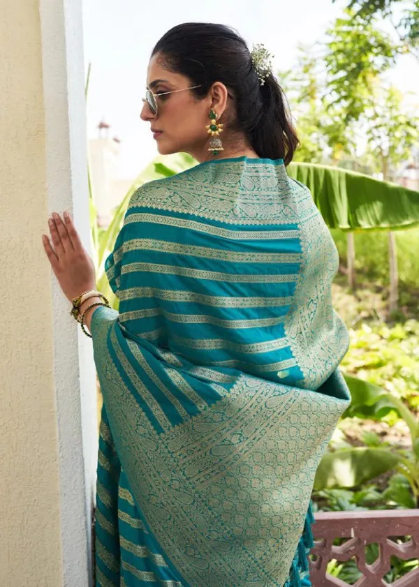 Teal_Blue_Banarasi_Striped_Saree_with_Golden_Zari_Border