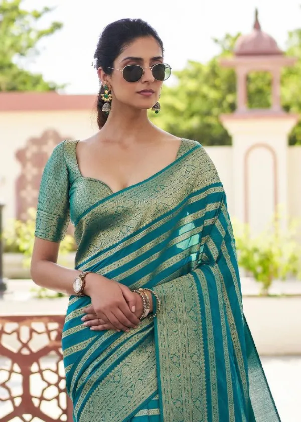 Teal_Blue_Banarasi_Striped_Saree_with_Golden_Zari_Border