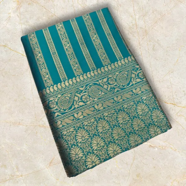 Teal_Blue_Banarasi_Striped_Saree_with_Golden_Zari_Border