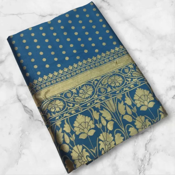 Teal_Blue_Banarasi_Style_Saree_with_Golden_Zari_Border