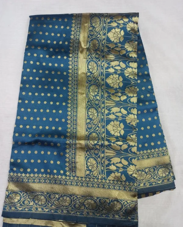 Teal_Blue_Banarasi_Style_Saree_with_Golden_Zari_Border