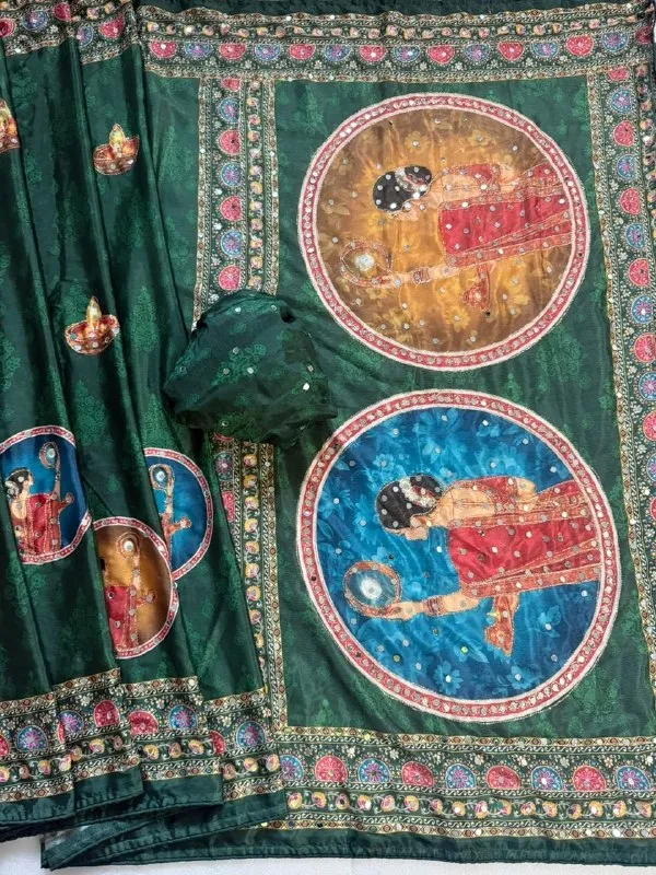 Traditional_Bottle_Green_Radha-Krishna_Designer_Saree_with_Mirror_Work