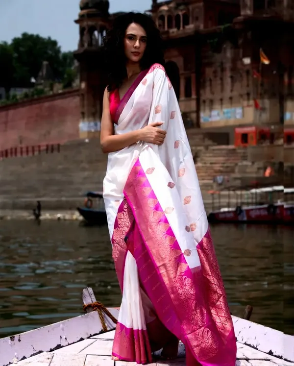 White_&_Magenta_Pink_Banarasi-Style_Designer_Saree_with_Woven_Border