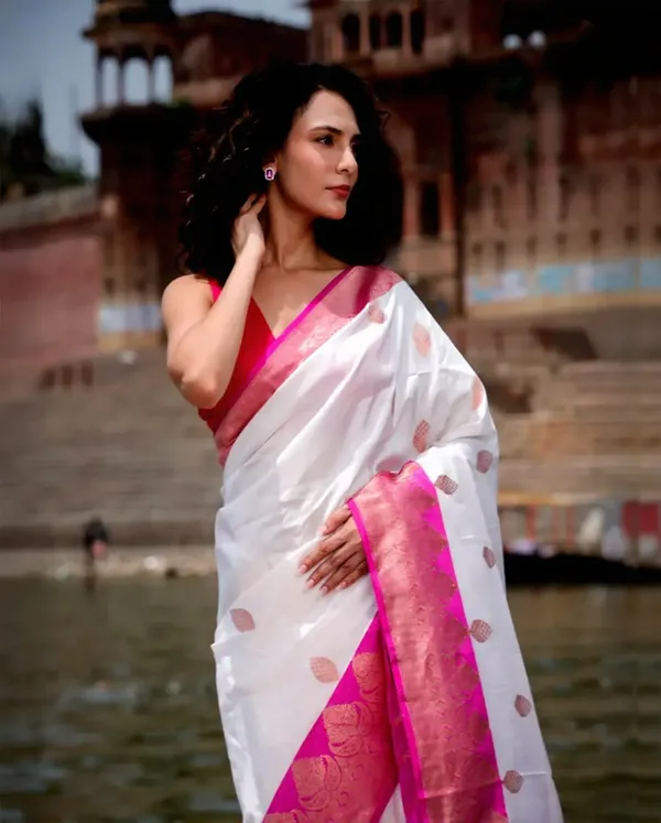 White_&_Magenta_Pink_Banarasi-Style_Designer_Saree_with_Woven_Border