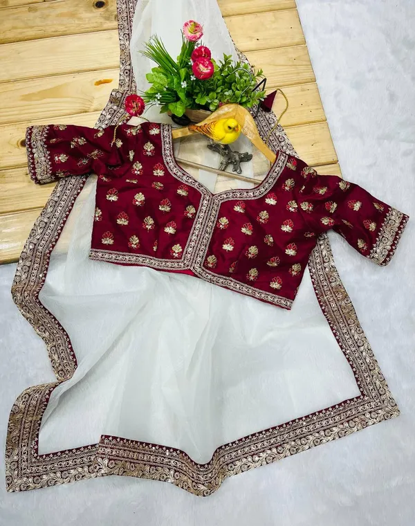 White_&_Maroon_Embroidered_Saree