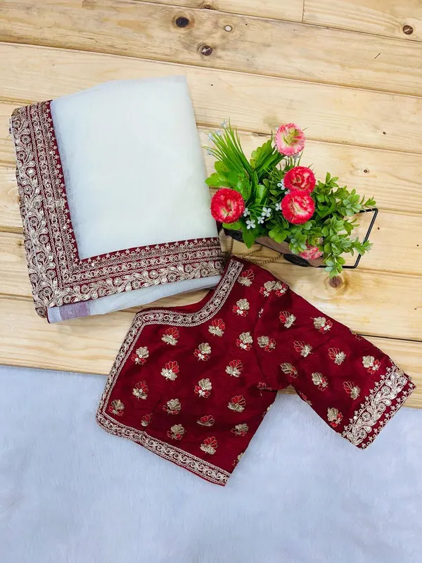 White_&_Maroon_Embroidered_Saree
