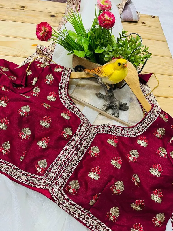 White_&_Maroon_Embroidered_Saree