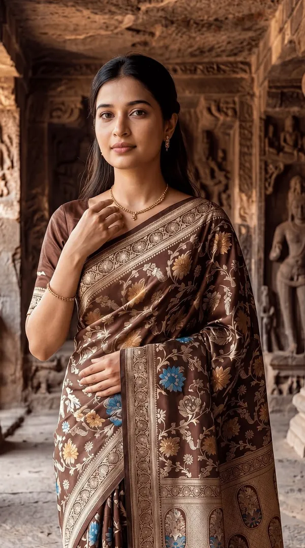 Women’s_Chocolate_Brown_Designer_Saree_with_Floral_Print_&_Traditional_Border