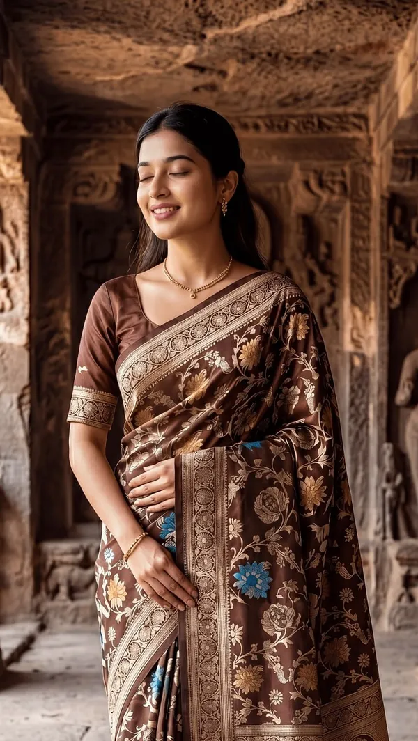 Women’s_Chocolate_Brown_Designer_Saree_with_Floral_Print_&_Traditional_Border