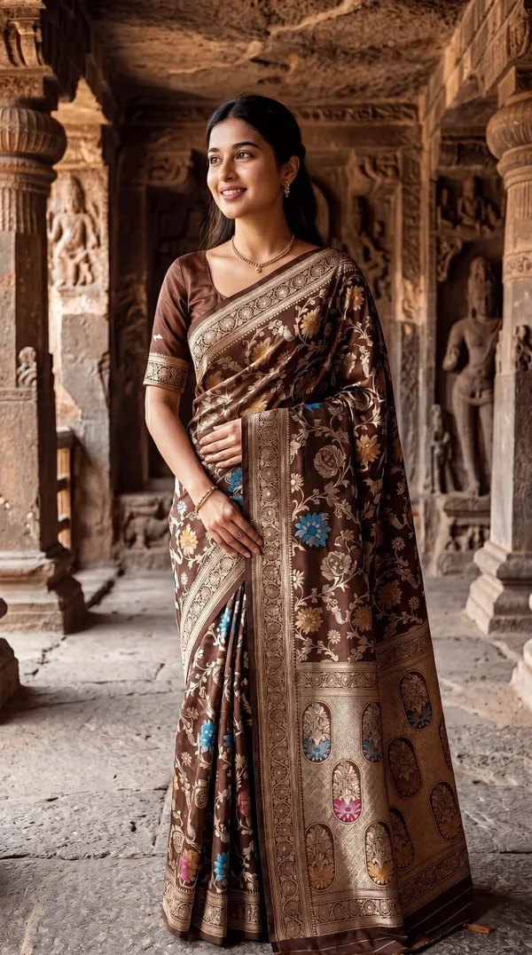 Women’s_Chocolate_Brown_Designer_Saree_with_Floral_Print_&_Traditional_Border