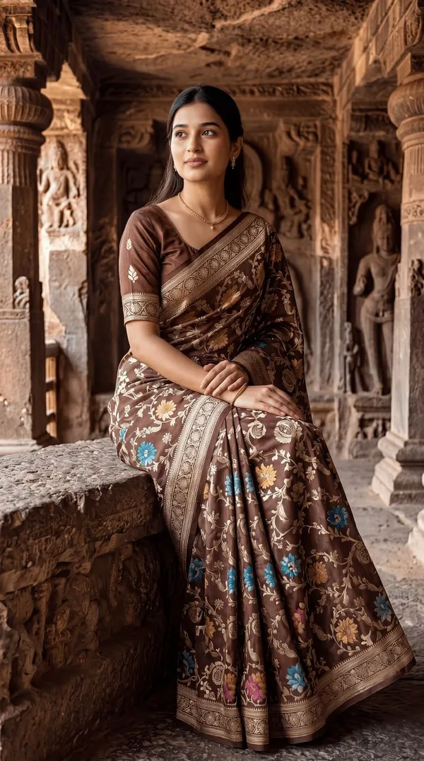 Women’s_Chocolate_Brown_Designer_Saree_with_Floral_Print_&_Traditional_Border