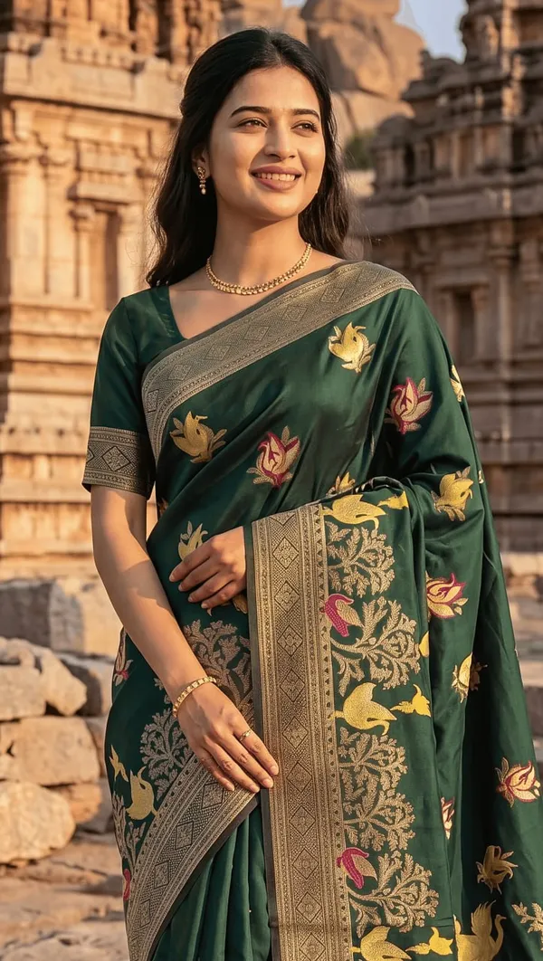 Women’s_Dark_Green_Designer_Saree_with_Floral_Print_&_Golden_Border