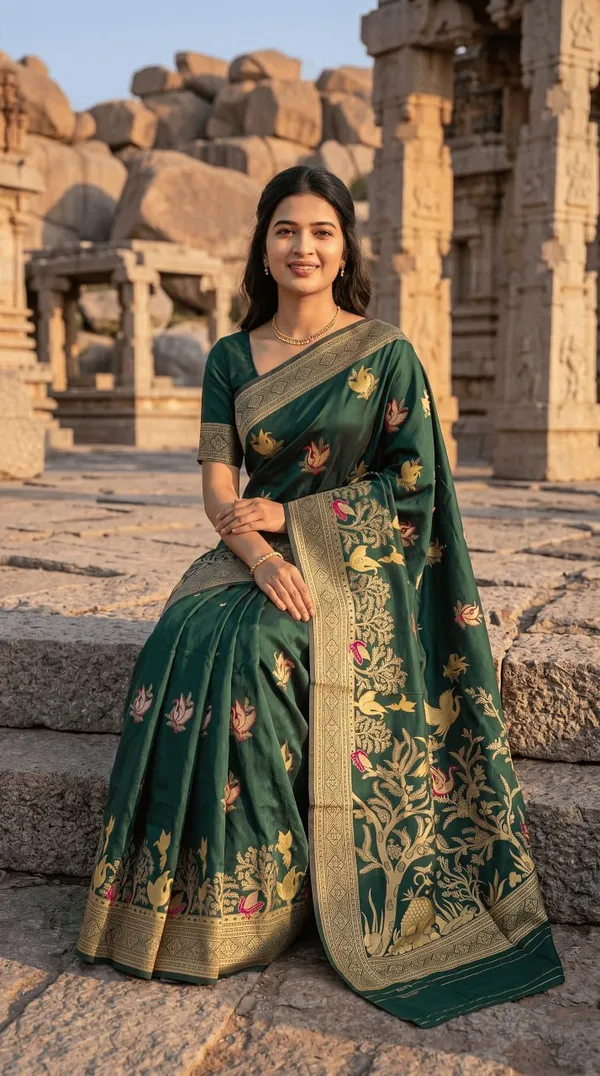 Women’s_Dark_Green_Designer_Saree_with_Floral_Print_&_Golden_Border