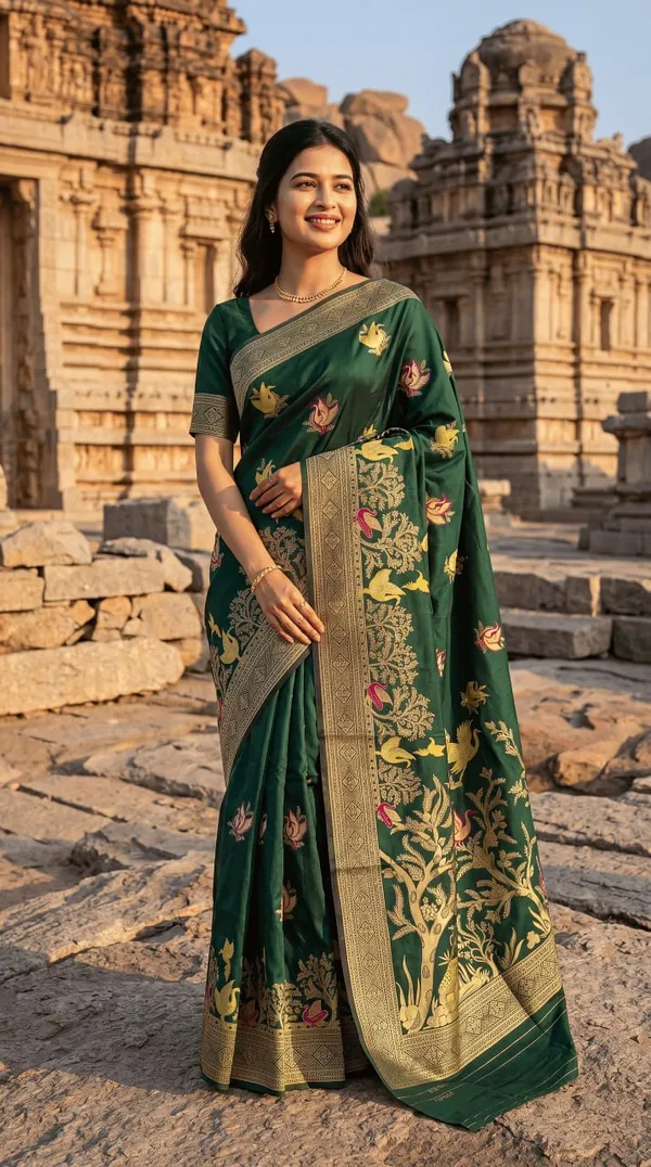 Women’s_Dark_Green_Designer_Saree_with_Floral_Print_&_Golden_Border