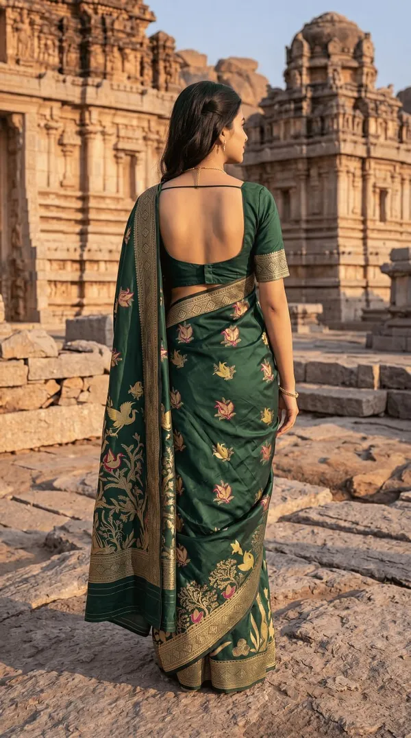 Women’s_Dark_Green_Designer_Saree_with_Floral_Print_&_Golden_Border